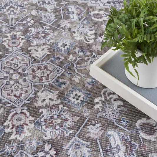 6' x 9' Gray Ivory and Blue Floral Distressed Washable Area Rug