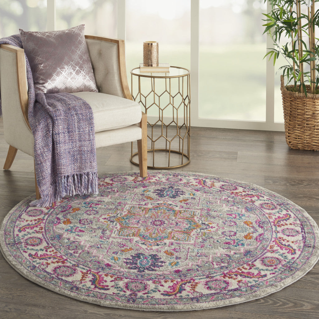 4' Gray Round Floral Power Loom Area Rug