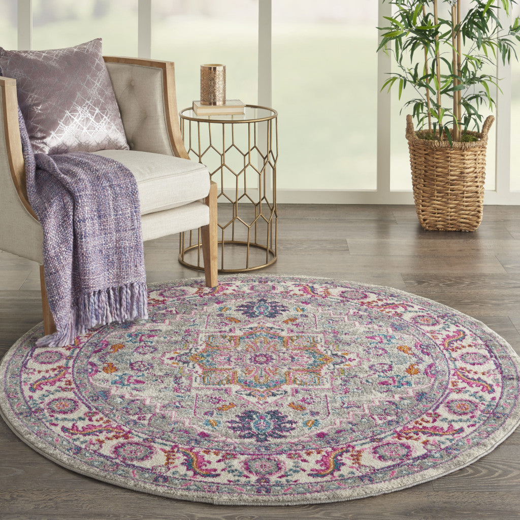 4' Gray Round Floral Power Loom Area Rug