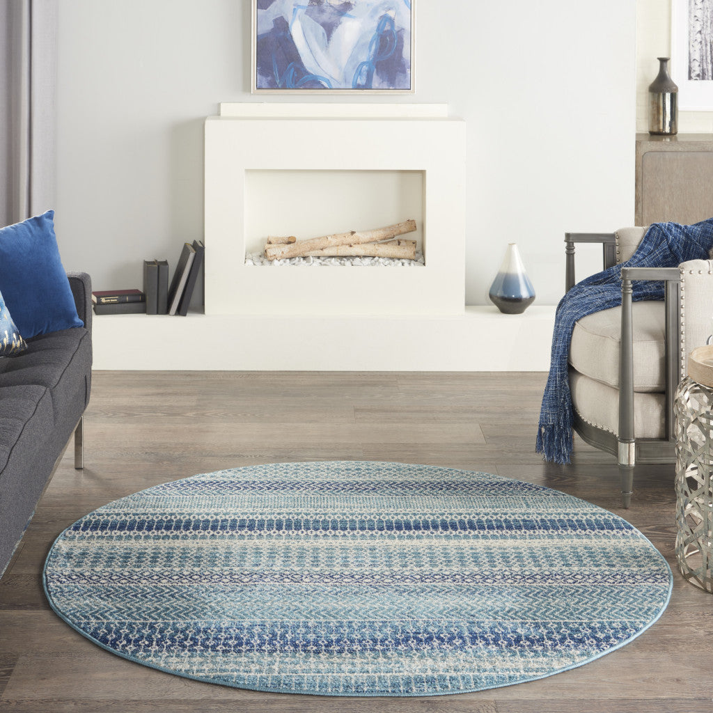 4' Navy Blue Round Floral Power Loom Area Rug