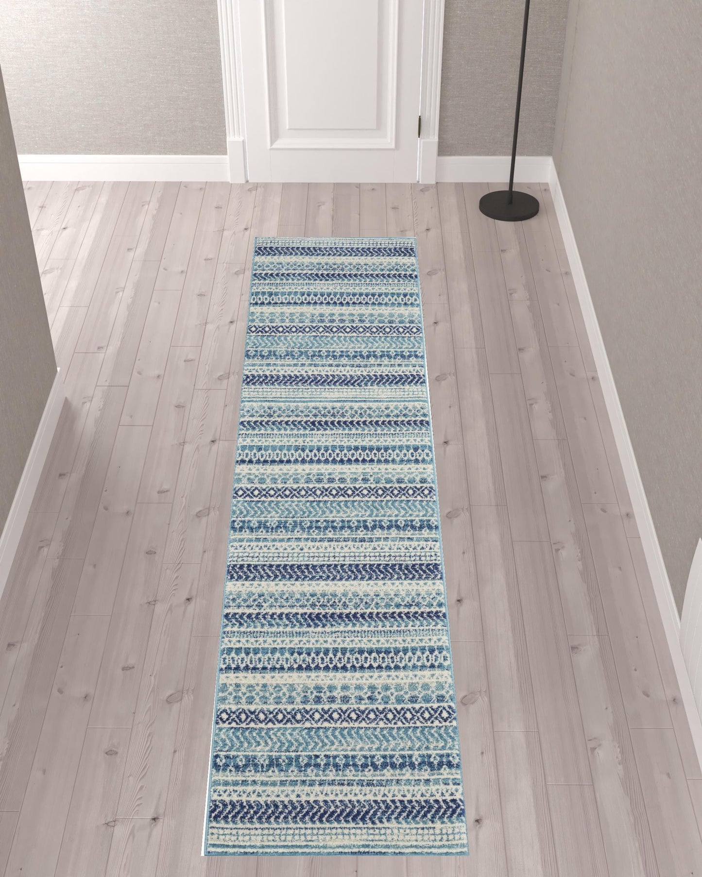 10' Navy Blue Floral Power Loom Runner Rug