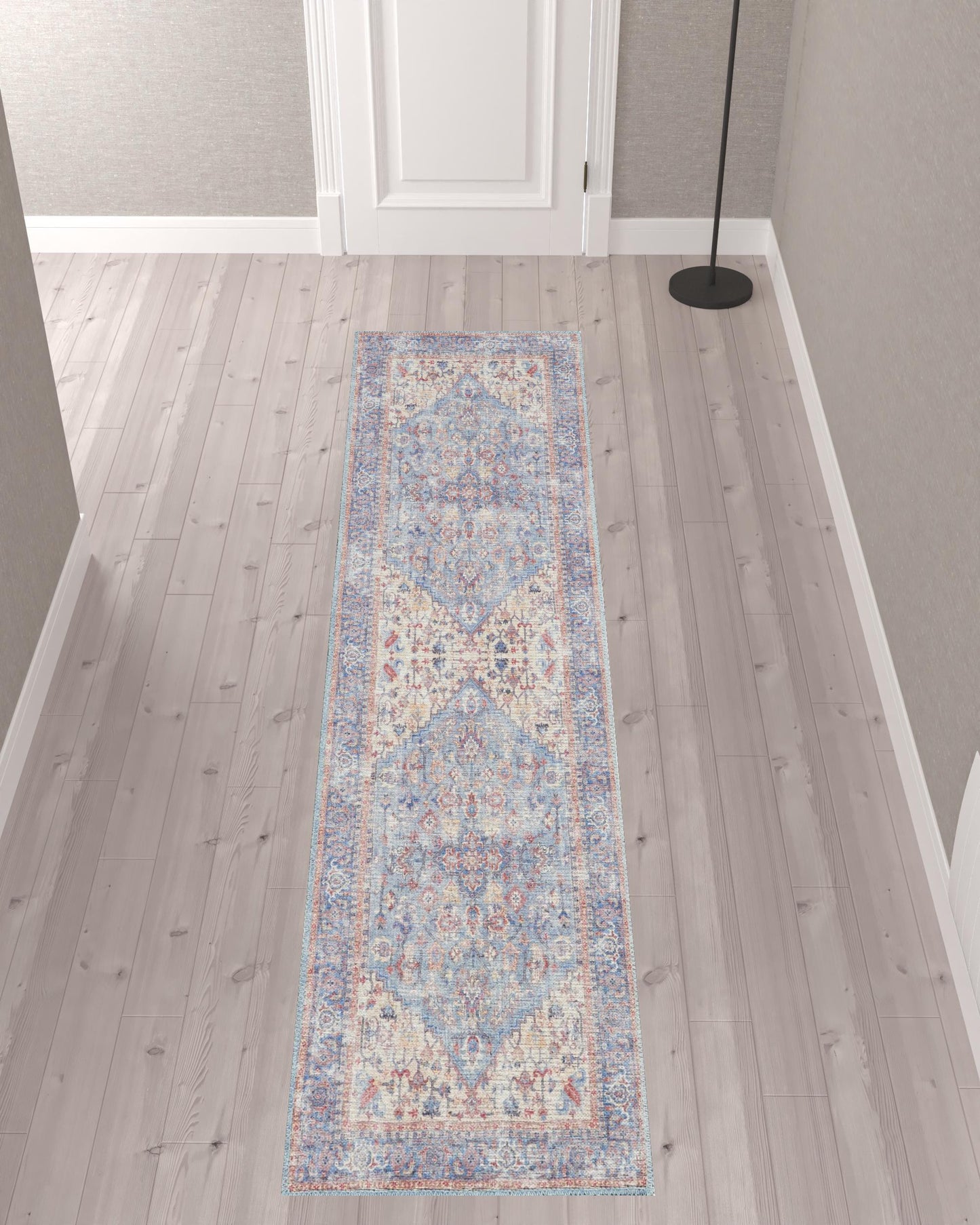 10' Gray Floral Power Loom Distressed Washable Runner Rug