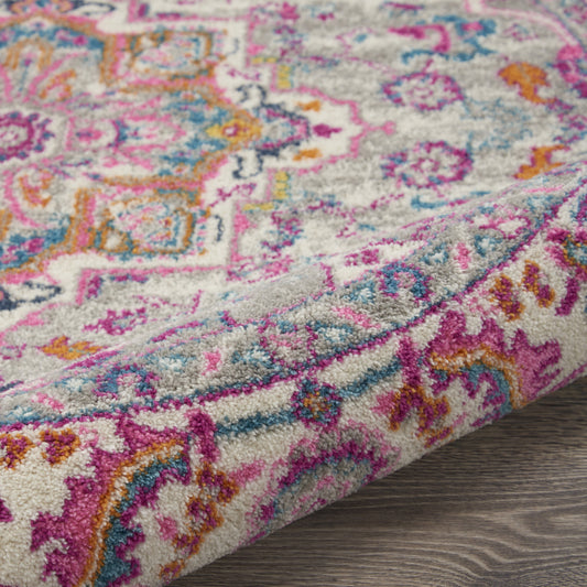 8' Gray Round Floral Power Loom Area Rug