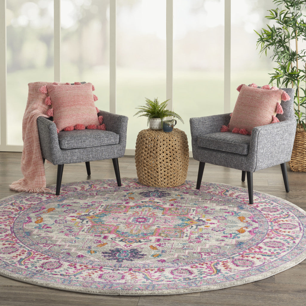 8' Gray Round Floral Power Loom Area Rug