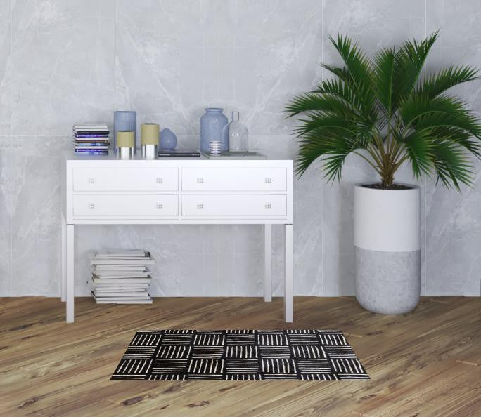2' X 4' Black and Off White Abstract Machine Tufted Washable Area Rug With UV Protection
