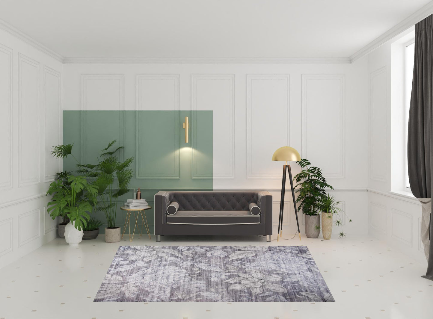 7' x 10' Gray and White Floral Area Rug