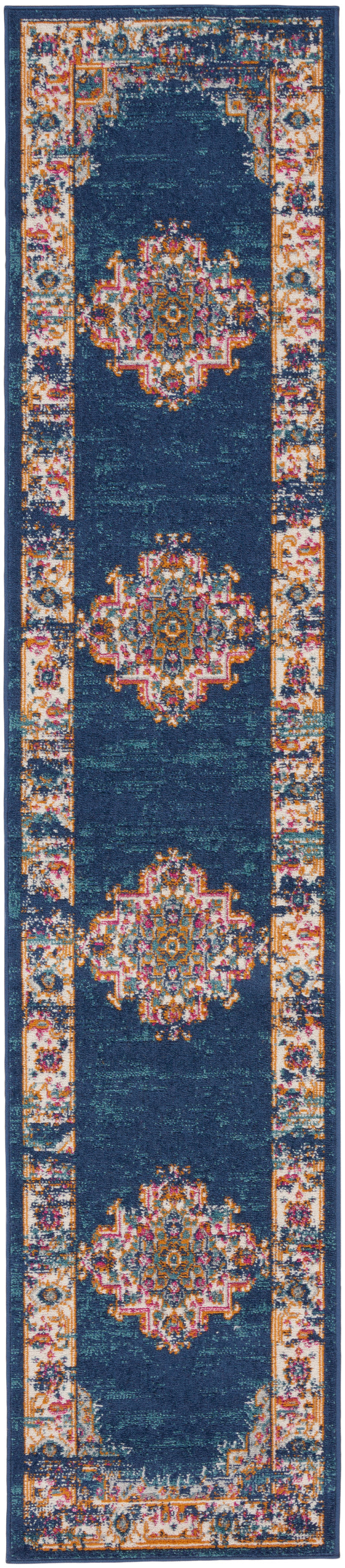 10' Blue and Ivory Oriental Power Loom Distressed Runner Rug