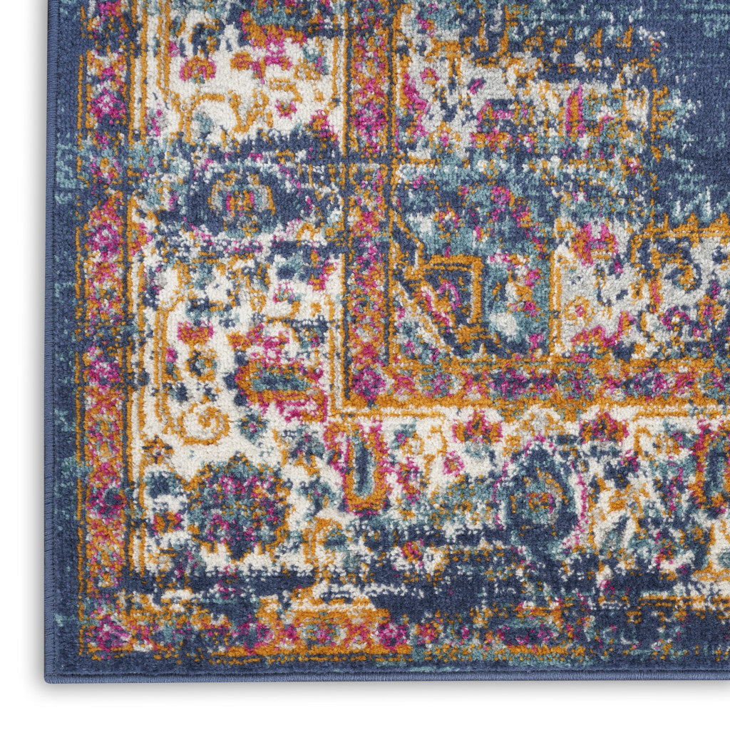 10' Blue and Ivory Oriental Power Loom Distressed Runner Rug