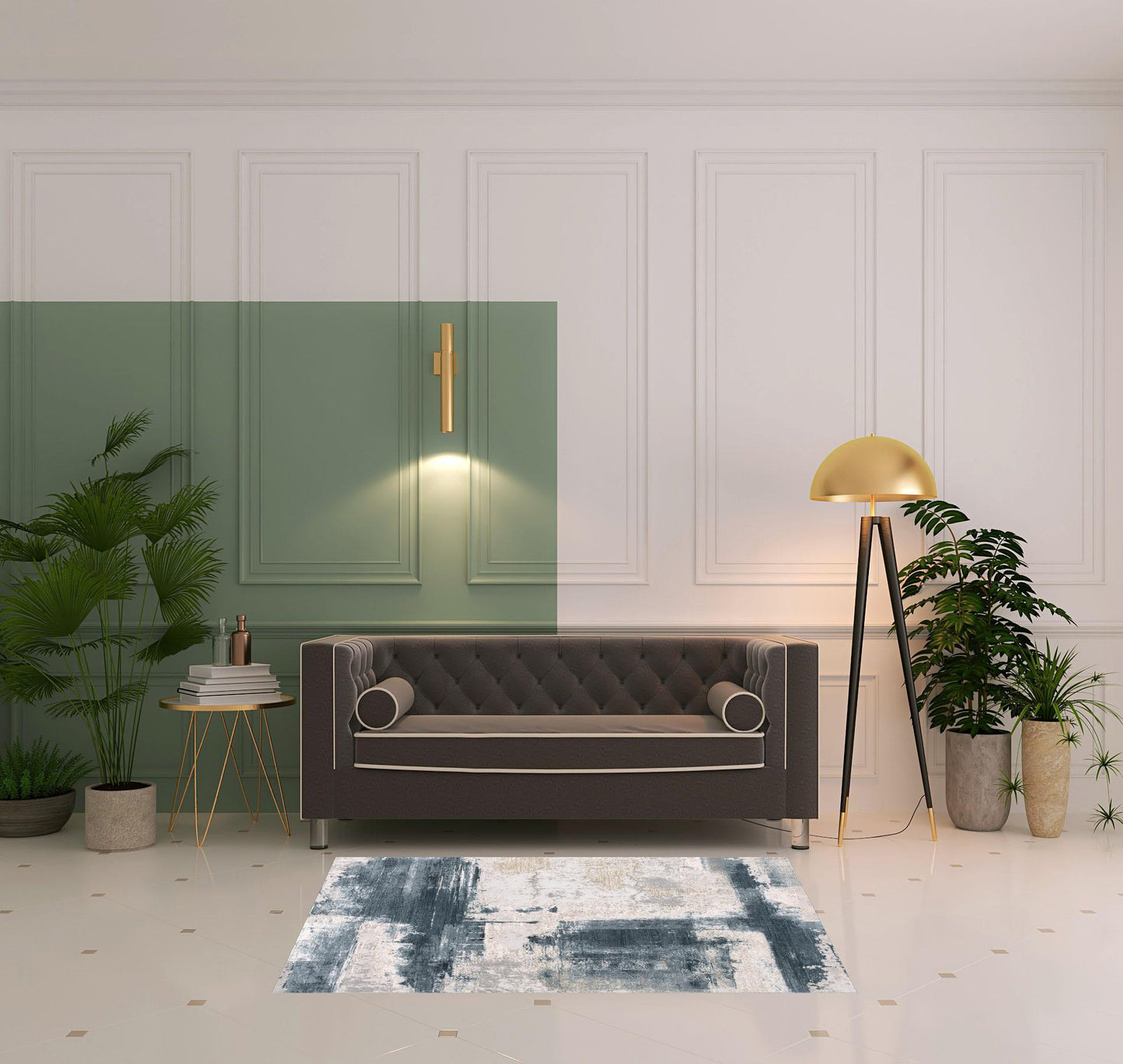 4' X 6' Blue And Beige Abstract Washable Non Skid Area Rug