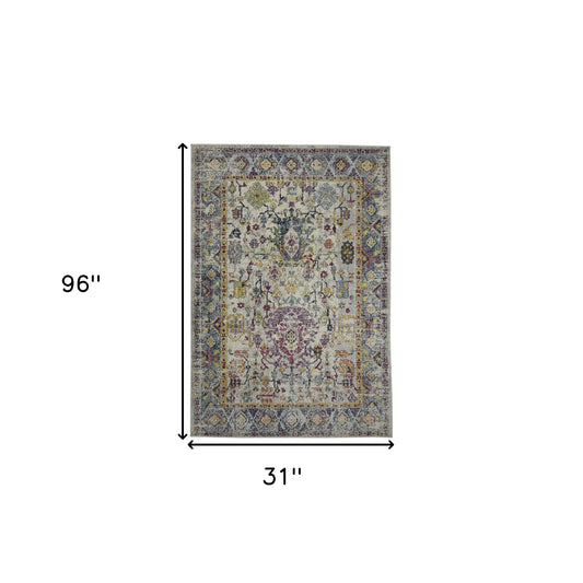8' Gray Floral Power Loom Runner Rug