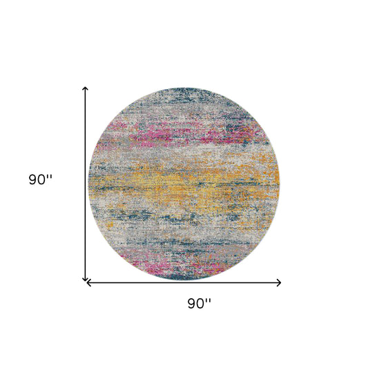 7' Pink and Orange Round Abstract Power Loom Area Rug