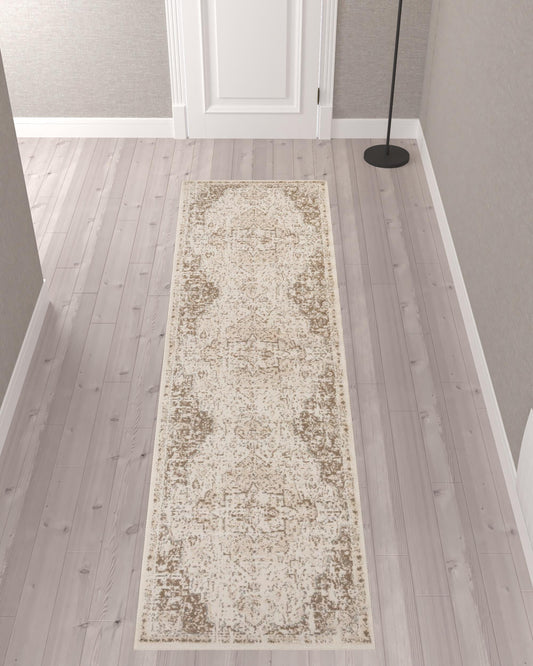 10' Cream Medallion Power Loom Runner Rug