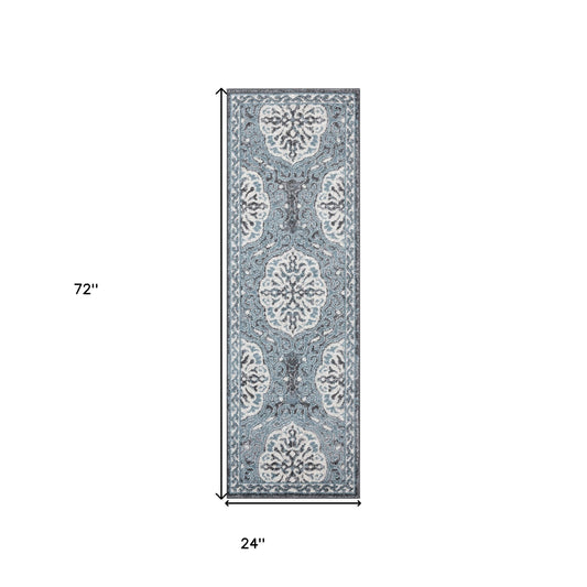 2' X 6' Gray and Blue Medallion Power Loom Runner Rug