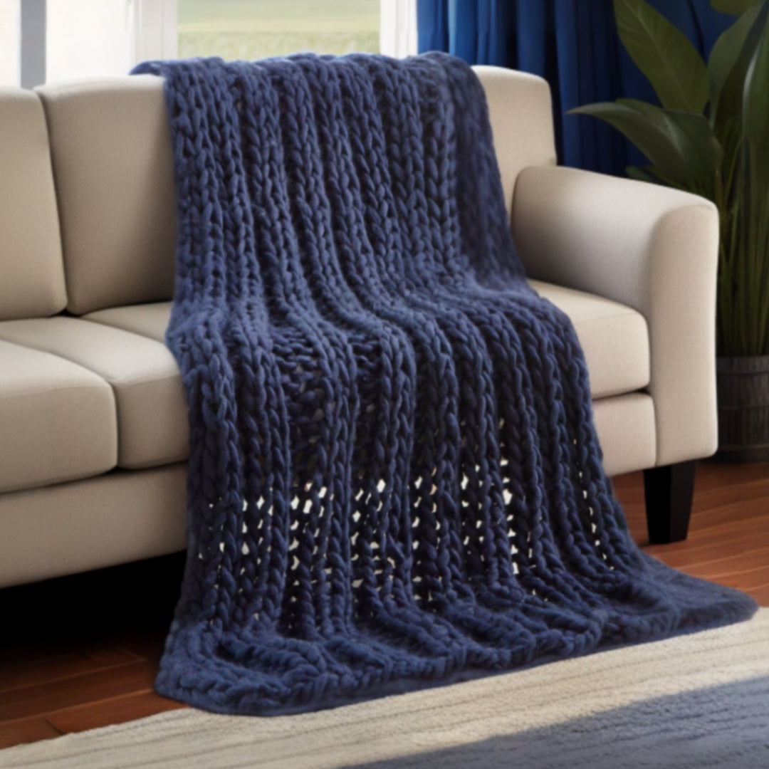 Navy Blue Knitted Polyester Solid Color Throw Blanket