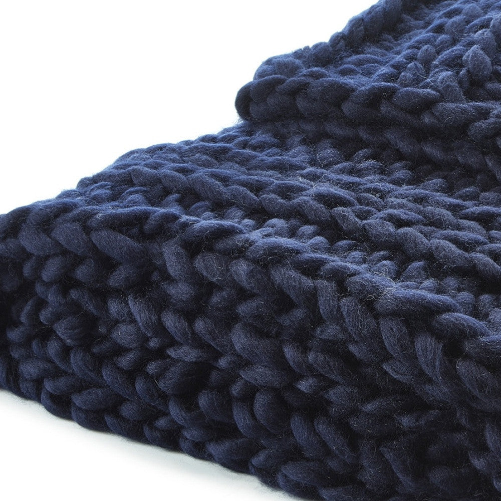 Navy Blue Knitted Polyester Solid Color Throw Blanket