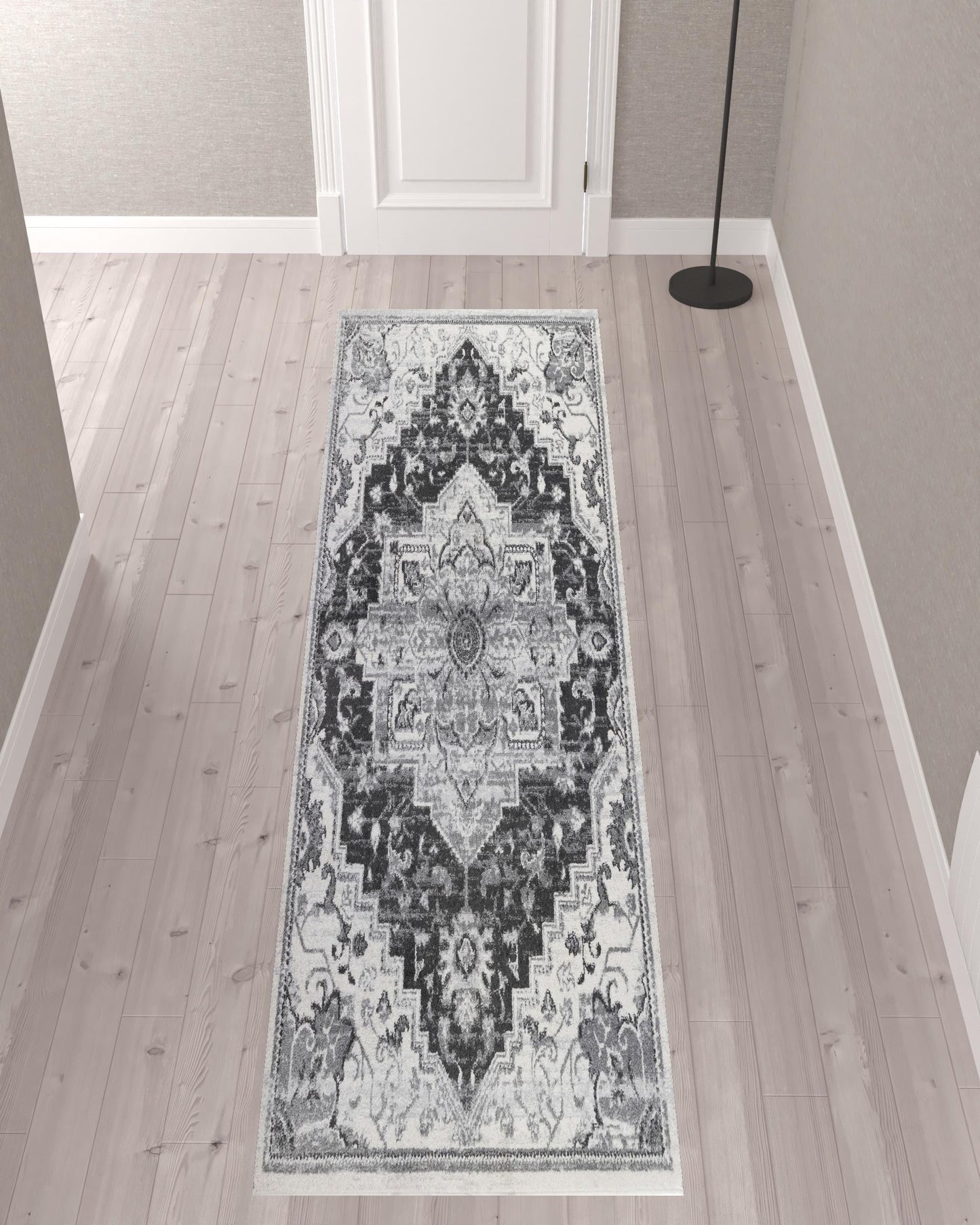 10' Gray Medallion Power Loom Runner Rug