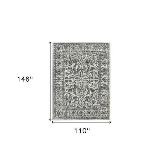 9' x 12' Gray Floral Power Loom Area Rug With Fringe