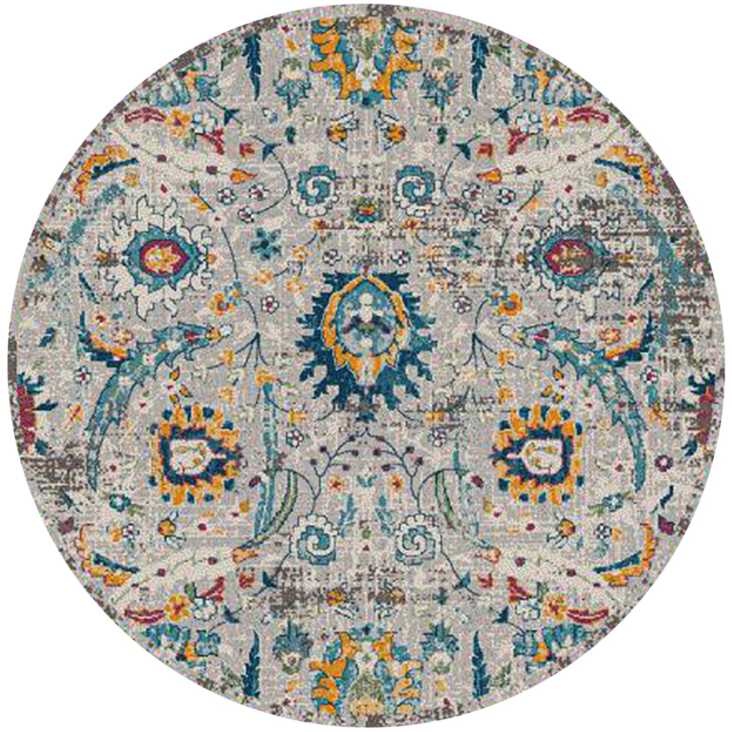 7' Orange and Ivory Round Floral Power Loom Area Rug