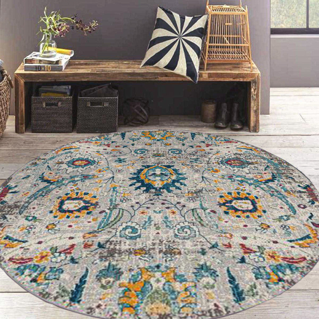 7' Orange and Ivory Round Floral Power Loom Area Rug
