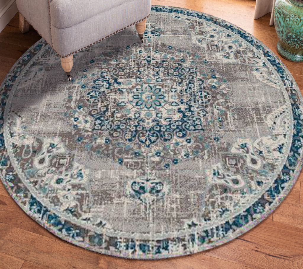 7' Teal Blue Round Medallion Power Loom Area Rug