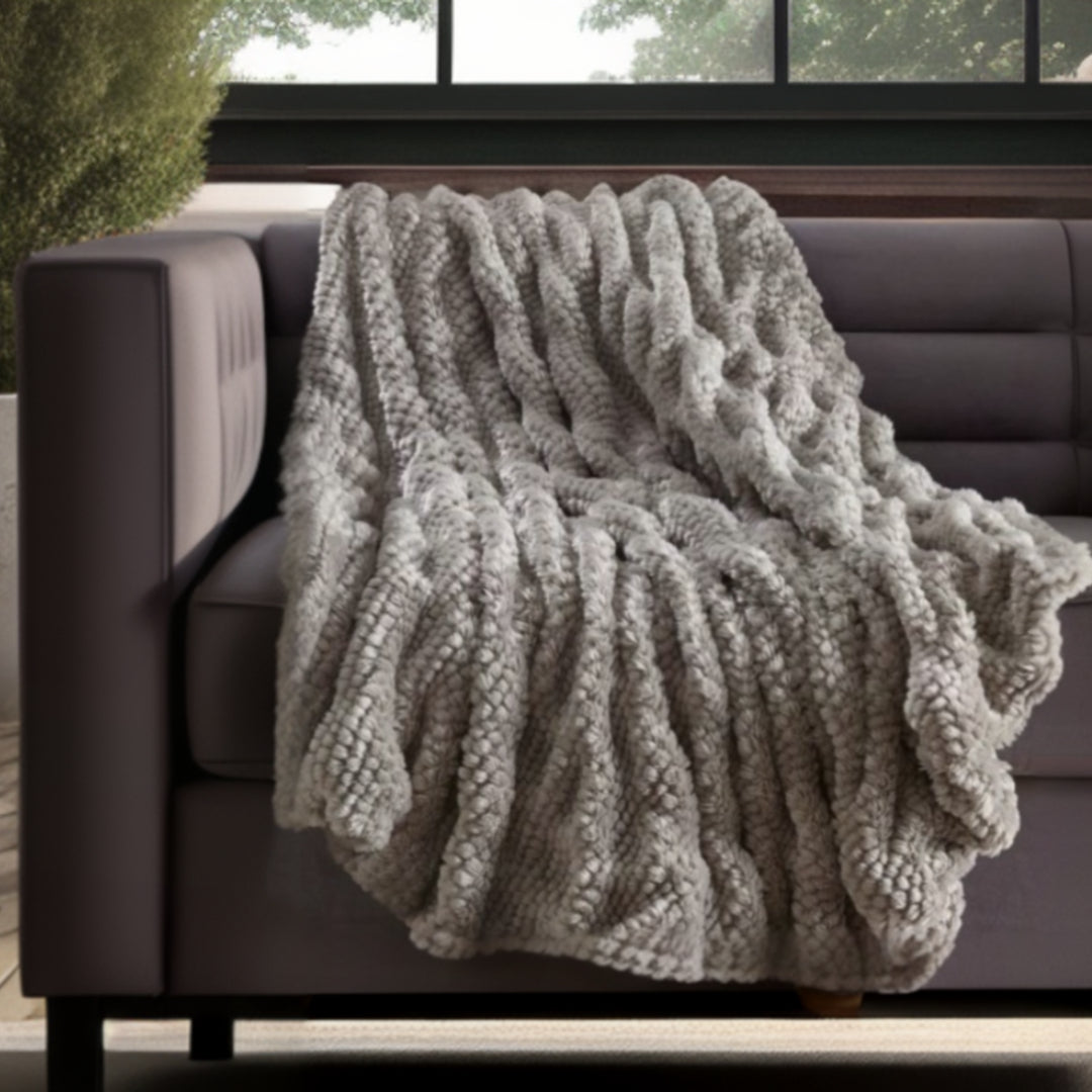 Gray Knitted Acrylic Solid Color Plush Throw Blanket