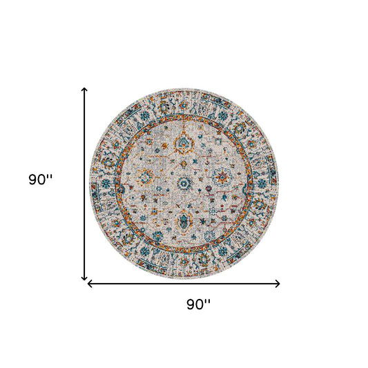 7' Orange and Ivory Round Floral Power Loom Area Rug