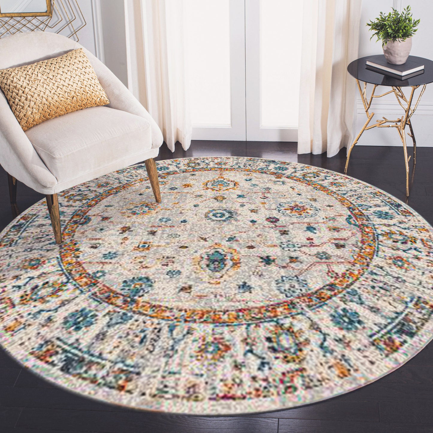 7' Orange and Ivory Round Floral Power Loom Area Rug