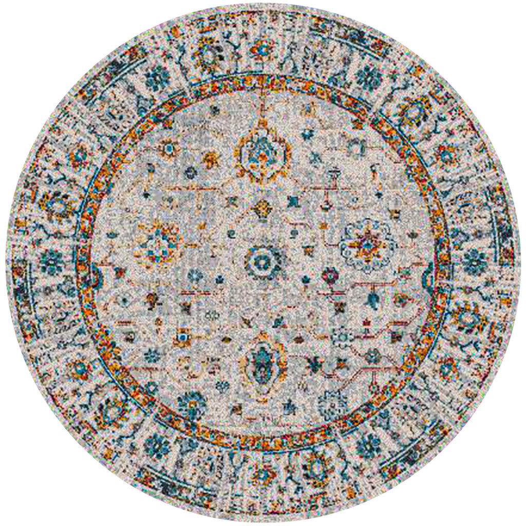 7' Orange and Ivory Round Floral Power Loom Area Rug