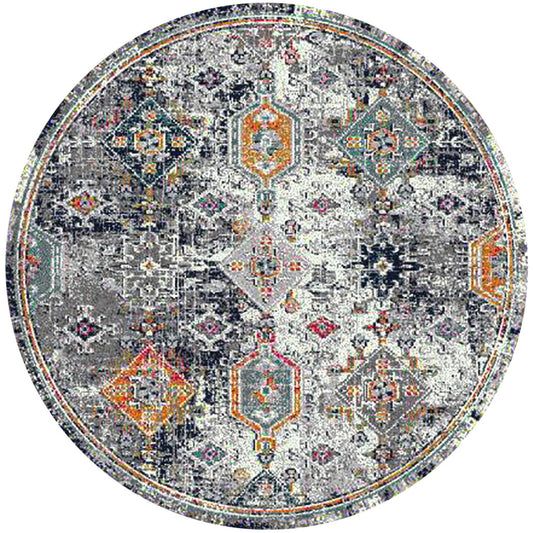 7' Blue and Orange Round Geometric Power Loom Area Rug