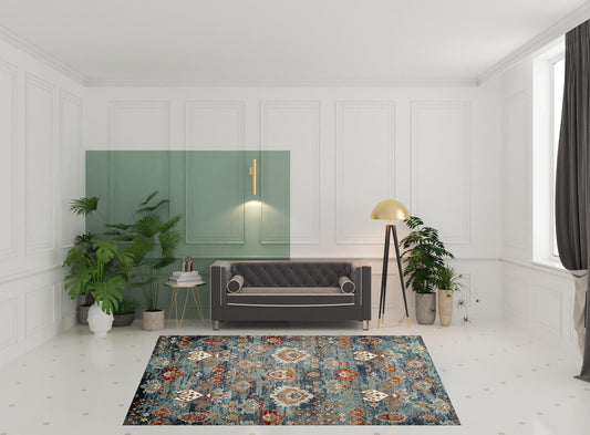 8' x 10' Teal Blue Oriental Power Loom Area Rug