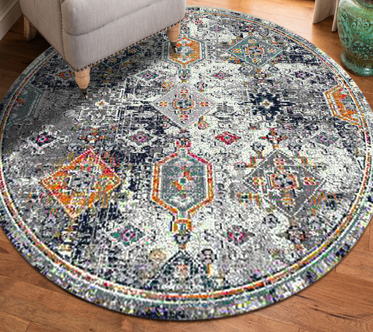 7' Blue and Orange Round Geometric Power Loom Area Rug