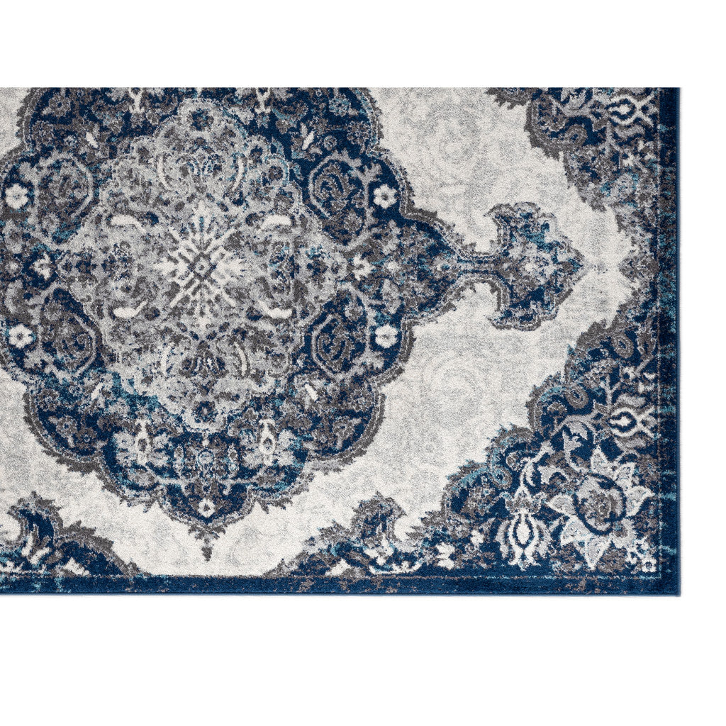 10' Navy Blue Medallion Power Loom Runner Rug