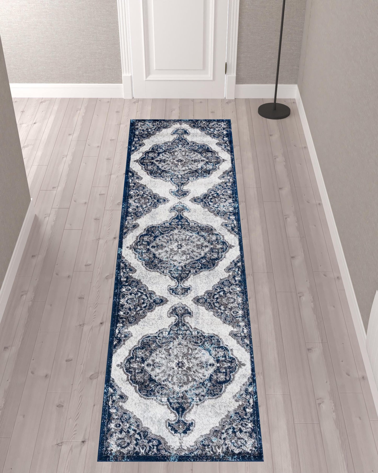 10' Navy Blue Medallion Power Loom Runner Rug