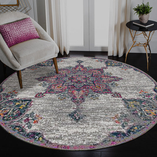 7' Pink Round Medallion Power Loom Area Rug