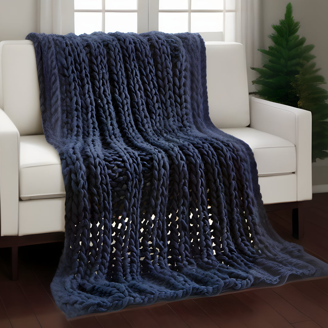 Navy Blue Knitted Polyester Solid Color Throw Blanket