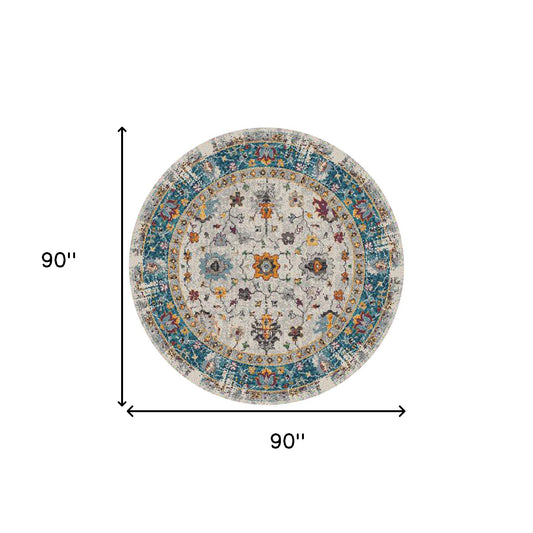 7' Blue and Orange Round Floral Power Loom Area Rug