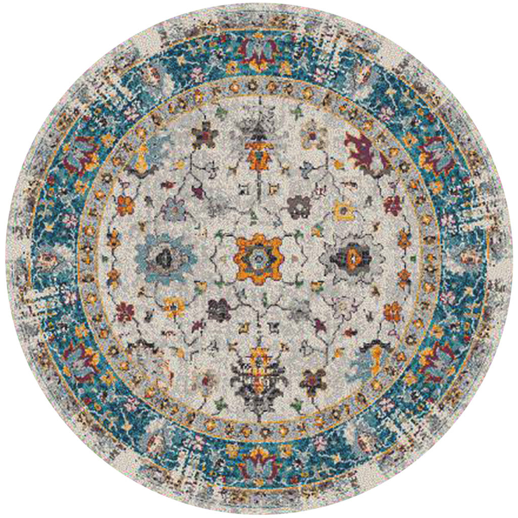 7' Blue and Orange Round Floral Power Loom Area Rug