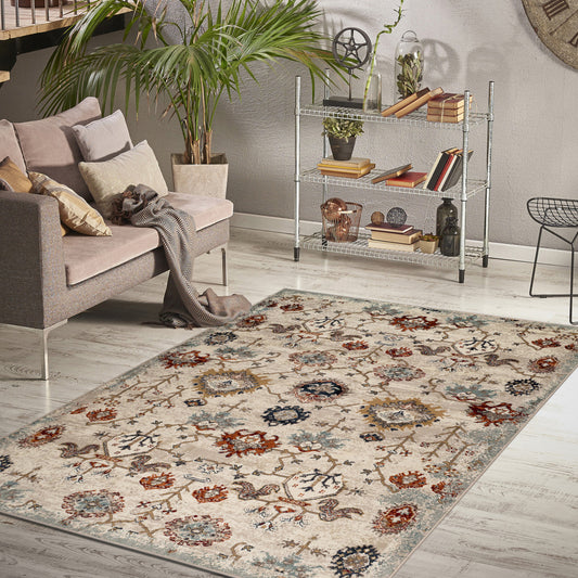 5' x 8' Beige and Orange Oriental Power Loom Area Rug