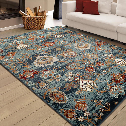 5' x 7' Teal Blue Oriental Power Loom Area Rug With Fringe