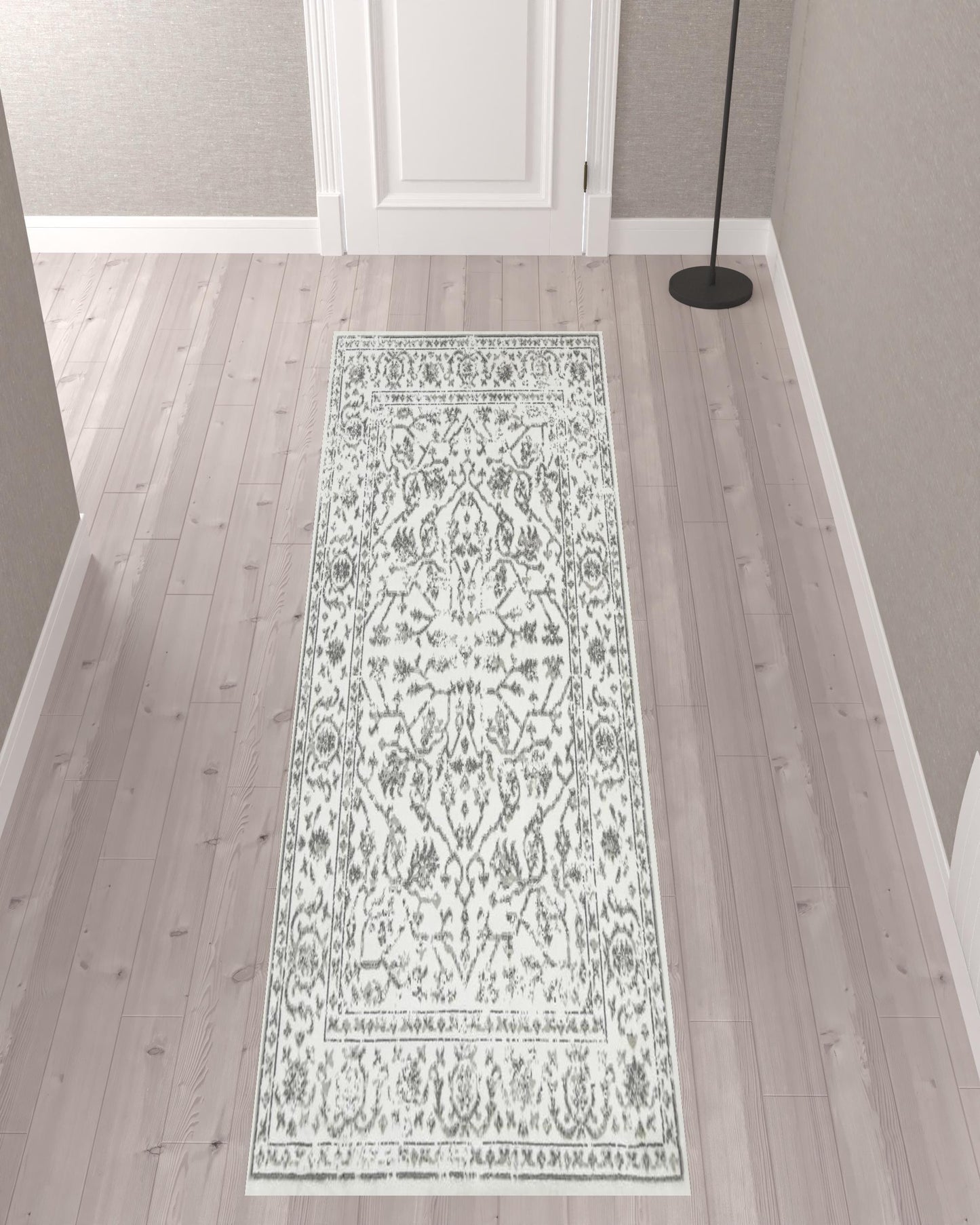 10' Light Gray Floral Power Loom Runner Rug With Fringe