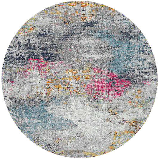 7' Blue and Pink Round Abstract Power Loom Area Rug