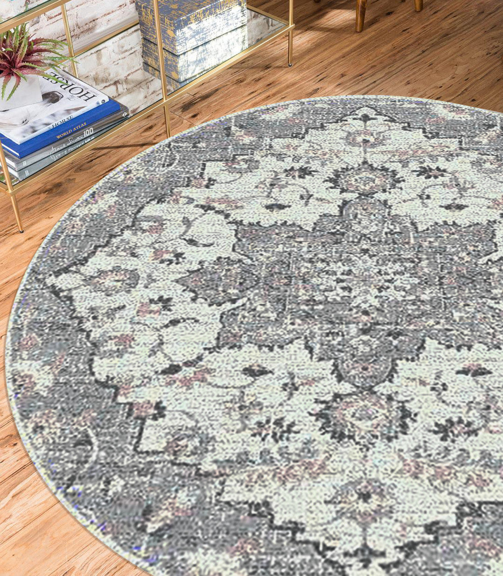 7' Gray Round Medallion Power Loom Area Rug