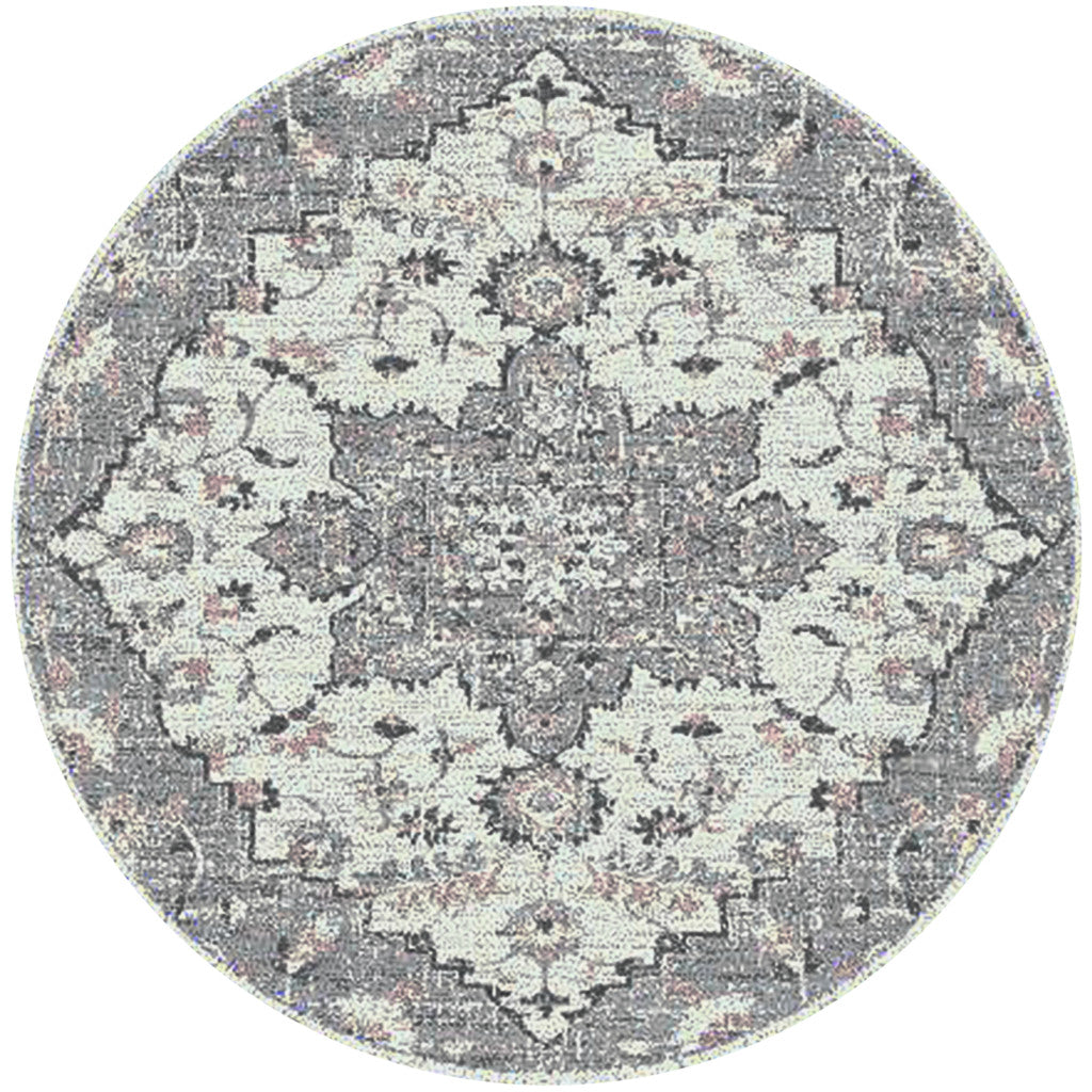 7' Gray Round Medallion Power Loom Area Rug