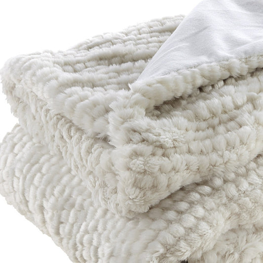 Ivory Knitted Acrylic Solid Color Plush Throw Blanket