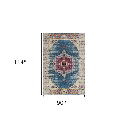 7' x 9' Blue and Pink Medallion Power Loom Area Rug