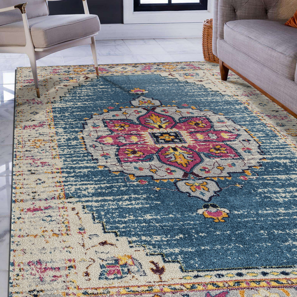 7' x 9' Blue and Pink Medallion Power Loom Area Rug