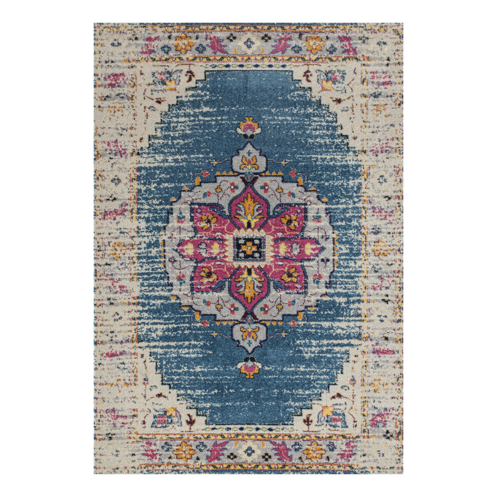 7' x 9' Blue and Pink Medallion Power Loom Area Rug