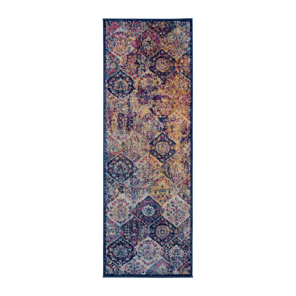 7' Blue and Orange Moroccan Power Loom Runner Rug