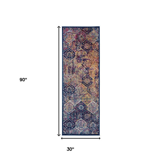 7' Blue and Orange Moroccan Power Loom Runner Rug