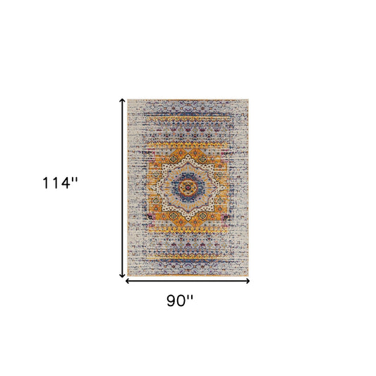7' x 9' Orange and Ivory Medallion Power Loom Area Rug